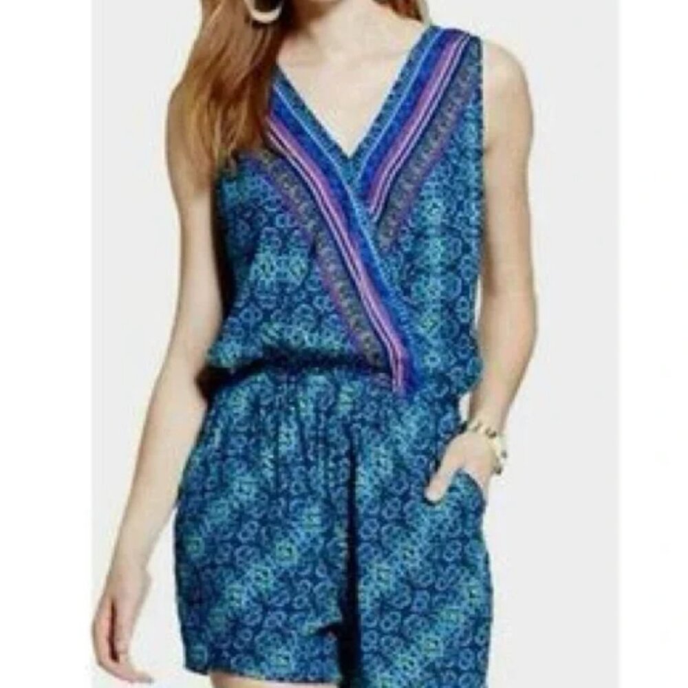 Mossimo Supply Co. Blue Multi Print Peacock Colors Cute Romper Women's Size XL !